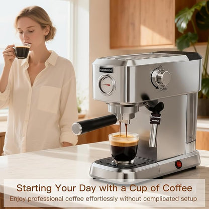 Espresso Machine 20 Bar, Compact Stainless Steel Coffee Maker with Steam Milk Frother & Removable Tank for Cappuccino, Latte - Silver