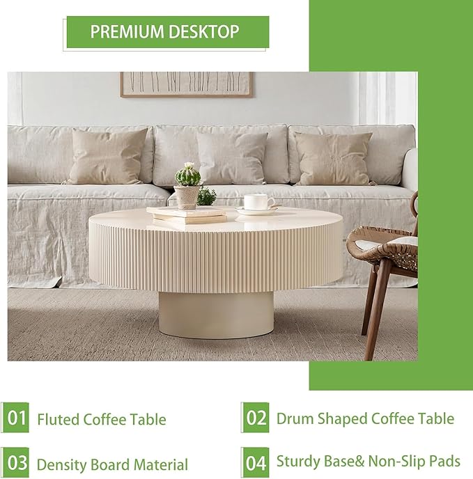 Handmade Round Fluted Drum-Shaped Coffee Table、Rustic Modern Circular Centerpiece for Living Room & Farmhouse Decor、Easy to Clean (A Off White 30.9 in)