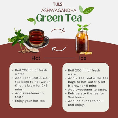 Tulsi Ashwagandha Green Tea Bags (50 Count), Green Tea with Tulsi, Ashwagandha, Lemongrass and Black Pepper, Caffeinated, Real and Natural Green Tea, Blended with Fresh Herbs and Spices, Gluten Free