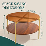 Load image into Gallery viewer, Round Glass Coffee Tables, Mid Century Center Table with Brown Glass Top, Solid Brown Storage Shelf and Sturable Gold Legs for Small Space, Office, Department, Living Room