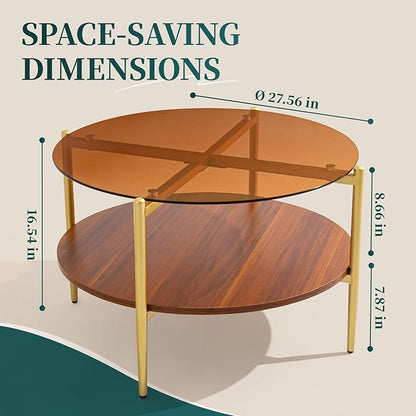 Round Glass Coffee Tables, Mid Century Center Table with Brown Glass Top, Solid Brown Storage Shelf and Sturable Gold Legs for Small Space, Office, Department, Living Room