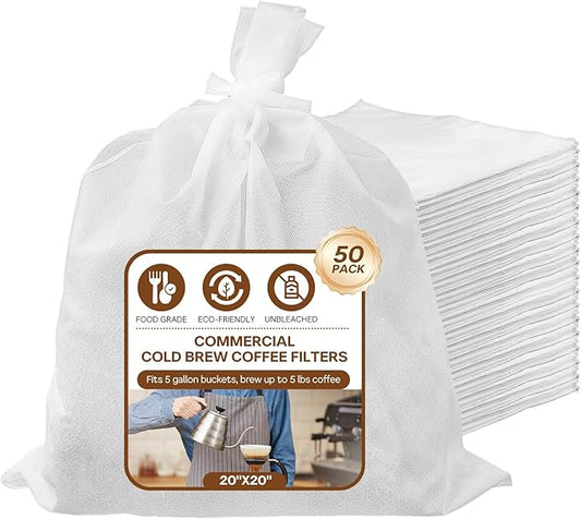 50Pcs Commercial Cold Brew Coffee Filters for 5 Gallon Buckets, 20" X 20" Disposable Coffee Filters with Drawstring for Brew Up To 5 LBS Coffee