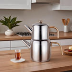 Load image into Gallery viewer, Karaca New Mira Turkish Tea Set for Stovetop, Induction Base Stainless Steel Tea Maker (1L Teapot &amp; 2L Tea Kettle), Dishwasher Safe, Non-Burning Gold Handles Samovar Style
