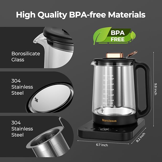 Narcissus Electric Kettle Temperature Control ±5℉, 1.8L Glass Electric Tea Kettle with Removable Infuser for Flowers & Fruit Tea, 1200W Fast Boiling, 6 Hours Keep Warming, Black