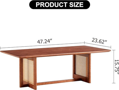 Mid Century Modern Wood Coffee Table with PE Rattan Stand, 47 Inch Rectangular Solid Wood Boho Coffe Table, Unique Center Cocktail Table for Livinig Room Apartment Office