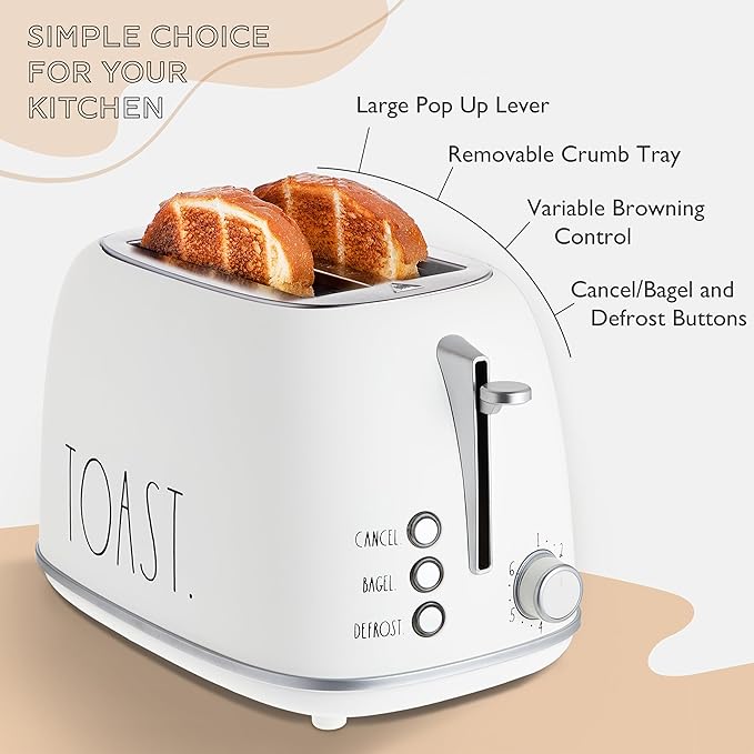 Rae Dunn Retro Rounded Bread Toaster, 2 Slice Stainless Steel Toaster with Removable Crumb Tray, Wide Slot with 6 Browning Levels, Bagel, Defrost and Cancel Options, White