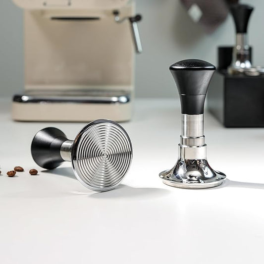 54mm Espresso Tamper with Calibrated Spring Loaded for Ninja Luxe Café/Breville -【24lb~35lbs Self-Adjustable with Sound Feedback】- Self Leveling Stainless Steel Ripple Base - Black