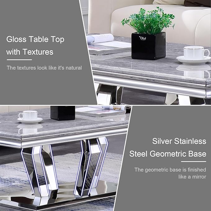 Coffee Table Set, 48 inches Modern Silver Coffee Table with 4 Geometric Mirrored Bases and Rectangular Silver Console Table with Gray Top for Living Room (Coffee Table + Console Table)