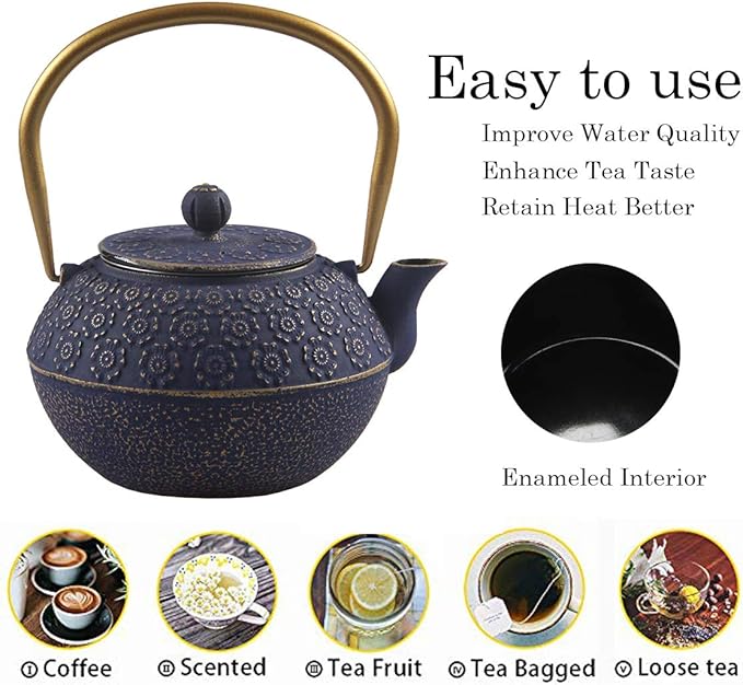 Teapot Cast Iron Tea Kettle for Stovetop Safe Coated with Enameled Interior,Japanese Cast Iron Teapot with Stainless Steel Infuser for Loose Tea(33.8oz)