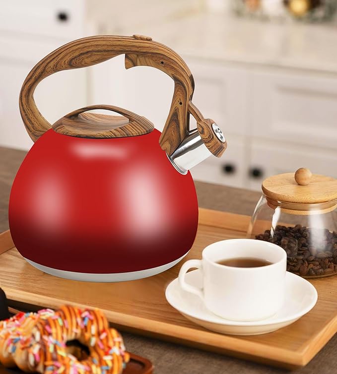 Festive Red Stovetop Whistling Tea Kettle 3.2 Quart - Stainless Steel with Wood Grain Handle, Loud Christmas Whistle for Boiling Water, Holiday Cocoa & Milk, Easy-Pour Spout Classic Design