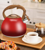 Load image into Gallery viewer, Festive Red Stovetop Whistling Tea Kettle 3.2 Quart - Stainless Steel with Wood Grain Handle, Loud Christmas Whistle for Boiling Water, Holiday Cocoa &amp; Milk, Easy-Pour Spout Classic Design