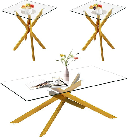 Gold Glass Coffee Table Set of 3 Modern End Table Living Room Side Table, Geometric Metal Legs 47.2 Inch Clear Rectangle Center Cocktail Tables, Gold