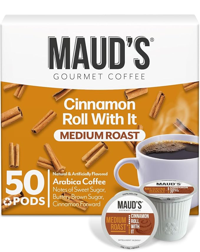 Maud's Cinnamon Roll Flavored Coffee Pods, 50 ct, Medium Roast Flavored Coffee in Recyclable Single Serve Pods – 100% Arabica Beans, Compatible with Keurig K Cups Maker