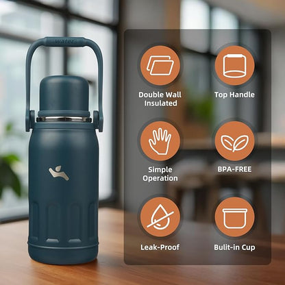 Insulated Water Bottle with Handle and Strap,Vacuum Travel Tumbler with Cup Lid,Thermo Coffee Cup for Hot Cold Drinks 27 OZ,Navy Blue