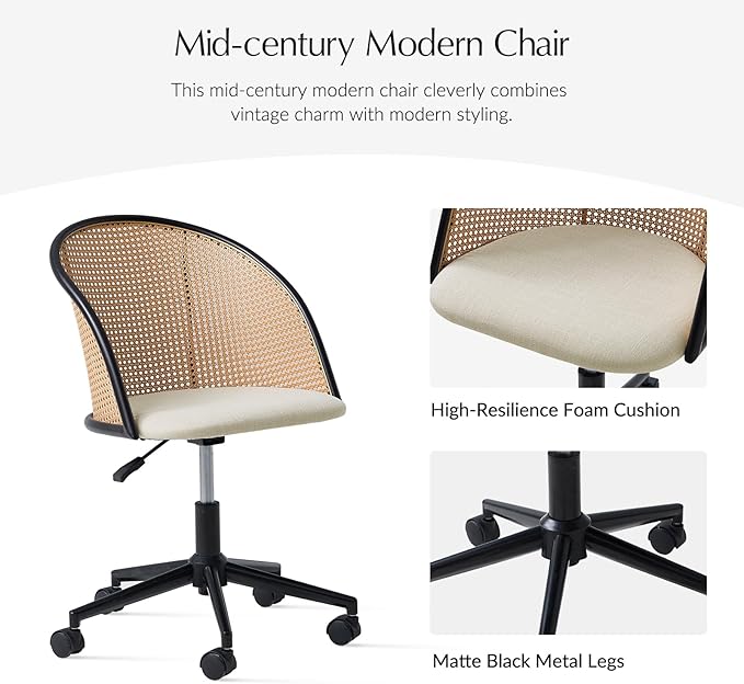 HULALA HOME Rattan Home Office Desk Chair with Curved Backrest, Caster Wheels, Height Adjustable, Accent Task Computer Chair for Home Work, Conference, Dining Room, Linen