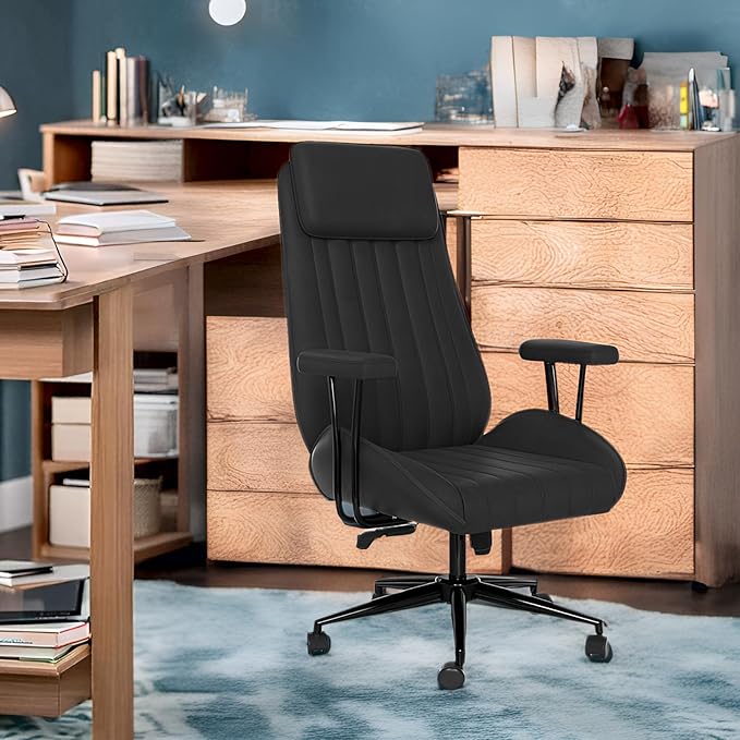 Plus Size Leather Desk Chair, Vintage Executive Office Chair with Wheels and Arms, Height Adjustable Mid Century Desk Chair (Black)