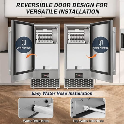 Commercial Under Counter Ice Maker Machine - 120 LBS/Day, Built in Installation, Auto-Clean,Reversible Door, Built 25LBS Ice Storage, Stainless Steel Ice Machine for Home & Business Outdoor Use