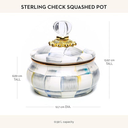 MACKENZIE-CHILDS Enamel Squashed Pot, Cute Enameled Container with Lid, 20 Ounces, Gray-and-White Sterling Check