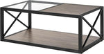 Load image into Gallery viewer, 39" Glass Coffee Table Mordern Living Room Table with Black Metal Frame, Rectangle Tempered Glass Top &amp; Rustic Wood MDF Storage Shelves, Industrial Style Grey