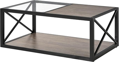 39" Glass Coffee Table Mordern Living Room Table with Black Metal Frame, Rectangle Tempered Glass Top & Rustic Wood MDF Storage Shelves, Industrial Style Grey
