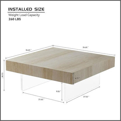 Drum Coffee Table Modern MDF Wooden Tea Table Living Room Square Coffee Table with Acrylic Legs and Marble Grain TopNo Need Assembly
