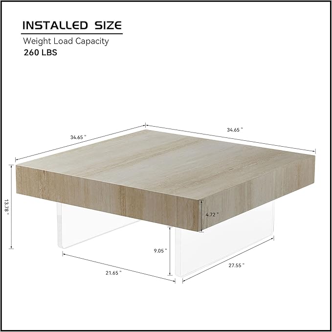 Drum Coffee Table Modern MDF Wooden Tea Table Living Room Square Coffee Table with Acrylic Legs and Marble Grain TopNo Need Assembly