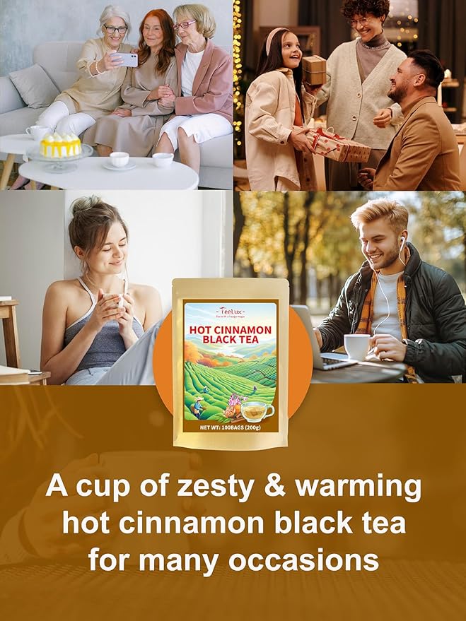 TeeLux Hot Cinnamon Black Tea, Black Tea with Cinnamon, Clove, Smooth & Spicy & Sweet Flavor, Caffeine-Free, 100 Count