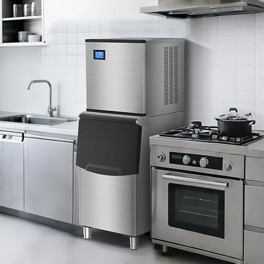 Commercial Ice Maker Machine 650LBS/24H with 350LBS Ice Storage Bin – 182 Cubes per Cycle in 6-15 Mins, Stainless Steel Industrial Ice Machine for Restaurants, Bars, Cafes & Business Use