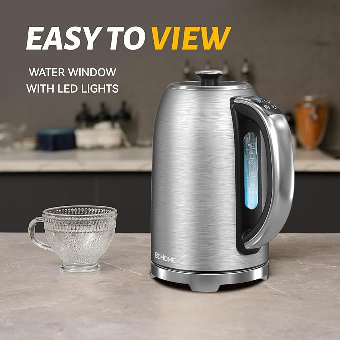 Electric Kettle, 1.7L/1500W, Stainless Steel, Digital Touch Panel, Keep Warm Function, Auto Shutoff, BPA-Free, Hot Water Kettle for Coffee & Tea, No Plastic Contact with Water (Black)