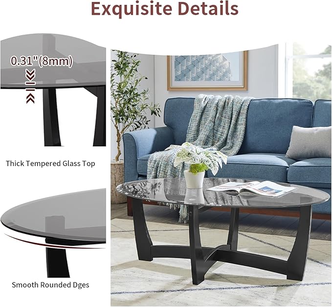 48" Oval Glass Coffee Table with Black Tempered Glass Top Cross and Solid Wood Base Simple & Modern Center Table for Living Room Office Apartment Black