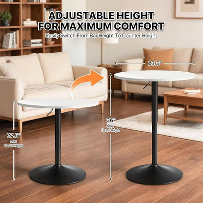 Magshion 23.5'' Round Adjustable Height Wood Bar Pub Table Adjustable Range 27.5"-36" Living Room Dining Room Bar Cocktail Table (White Black)