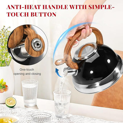 GGC Whistling Tea Kettle for Stove Tops, 3.1QT/3L Tea Kettles for Boiling Water Coffee or Milk, Stainless Steel Tea Pot with Anti-Heat Handle and Simple Touch Button to Control Kettle Outlet