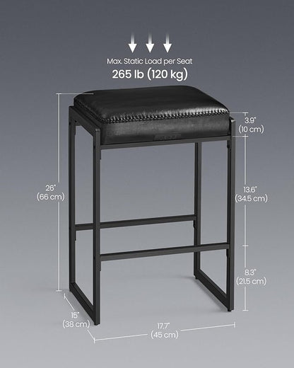 VASAGLE EKHO Collection - Bar Stools Set of 2, Counter Height Bar Stools, Synthetic Leather with Stitching, Mid-Century Modern Counter Stools, 26-Inch Tall, Kichen Home Bar Dining Room, Ink Black