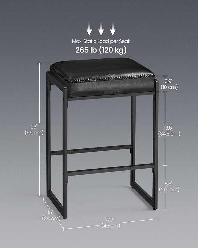 VASAGLE EKHO Collection - Bar Stools Set of 2, Counter Height Bar Stools, Synthetic Leather with Stitching, Mid-Century Modern Counter Stools, 26-Inch Tall, Kichen Home Bar Dining Room, Ink Black