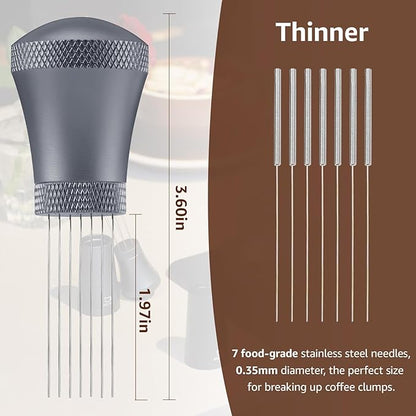 WDT Espresso Distribution Tool Espresso Stirrer Tools for Barista, 0.35mm 7 Needles Espresso Coffee Stirrer with Extra 7 Replaceable Needles, Aluminum Alloy Handle with Stand (Grey)