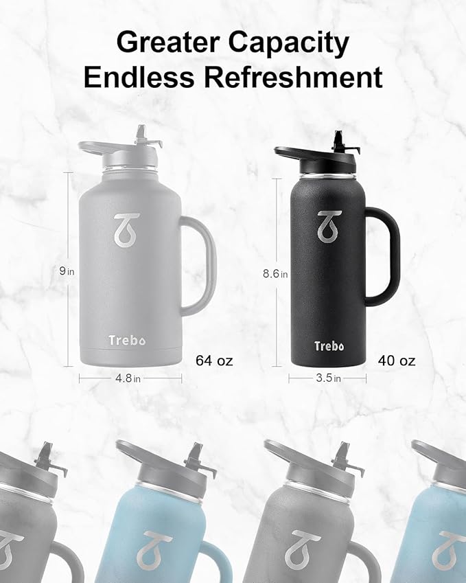 Trebo 40oz Water Bottle Insulated with Handle, Stainless Steel Metal Large Jug,Travel Flask with Straw Spout Lid,Mug Tumbler Cup with Carry Pouch,Keep Cold Hot, Indigo Black