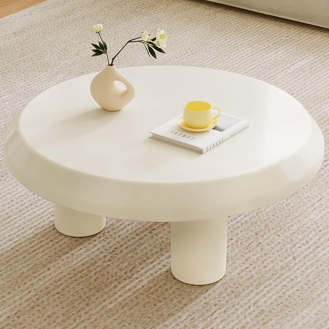 Round Coffee Table, White Cream Modern Center Table, Side Table for Living Room, Bedroom, Home Office, Small Space