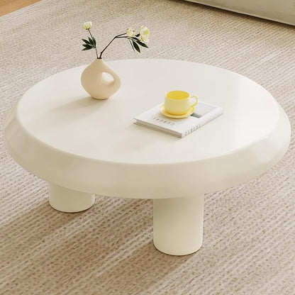 Round Coffee Table, White Cream Modern Center Table, Side Table for Living Room, Bedroom, Home Office, Small Space