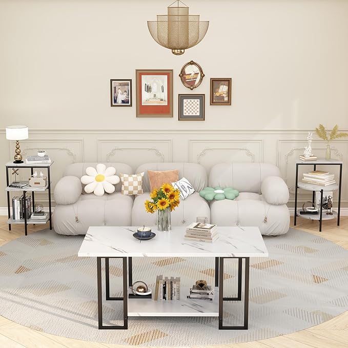 Lamerge Coffee Table Set of 3,Rectangle Coffee Table&2 Accent Table,Faux Marble Tabletop,3 Piece Living Room Table Sets with Multi Tier Storage, for Small Space, Apartment,White & Black