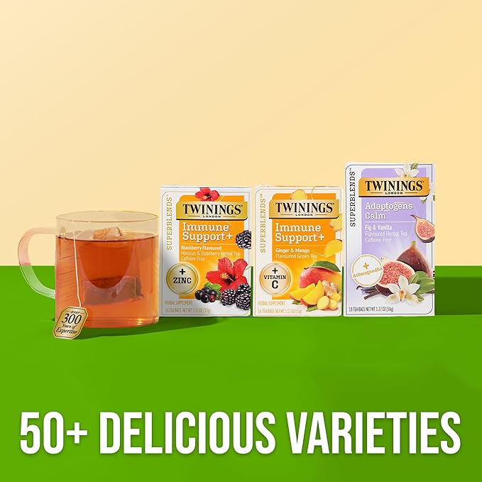 Twinings Superblends Immune Support+ Herbal Tea with Vitamin C, Ginger & Mango Flavoured Green Tea, 16 Tea Bags (Pack of 1), Enjoy Hot or Iced