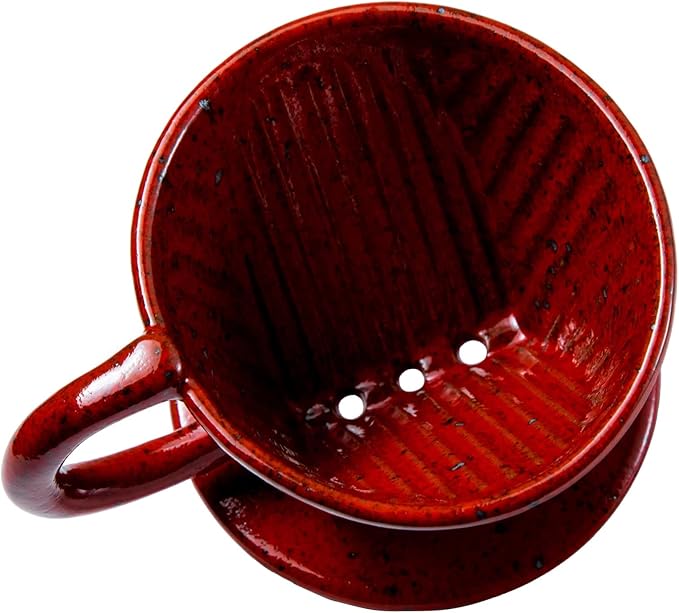 Asayu Japan Ceramic Coffee Pour Over Maker Set in Chrome Red, Slow Brewing Paper Filter Holder and Dripper with 3 Holes for Coffee and Tea (Complete 2PCS Set)