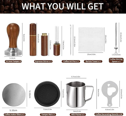 53.3mm Espresso Accessories Kit, 24PCS Coffee Tamper Set，Barista Kit, WDT Tool,stainlesss Frothing Pitcher, Stirrer, Tamper Mat, Latte Art Pen ， Coffee puck screen