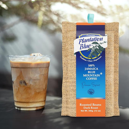 Plantation Blue 100% Blue Mountain Coffee, Dark Roast, Whole Bean, Premium Jamaican Coffee, 12oz