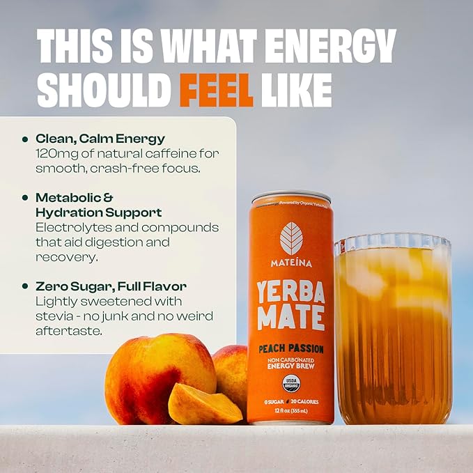 Mateina Yerba Mate Zero Sugar Energy Drink – 120mg Natural Caffeine – Organic, Non-GMO, Non-Carbonated – Dr. Andrew Huberman Recommended – 12 Pack (12oz Cans) (12 Pack, Peach Passion)