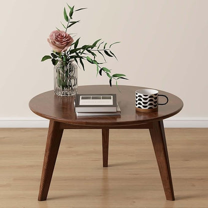 100% Solid Oak Wood Mini Coffee Table, Round Living Room Table Side Table w/Solid Wood Legs, Walnut Mid Century Sturdy Tables for Bedroom Balcony Living Room (23.62" D x 13.78" H)