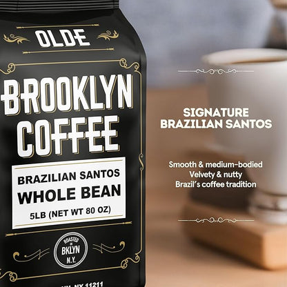 BROOKLYN COFFEE Whole Bean, Brazilian Santos Medium Roast (5lb) American, Breakfast, Classic - Fresh Bulk Coffee Beans Roasted Weekly in NYC