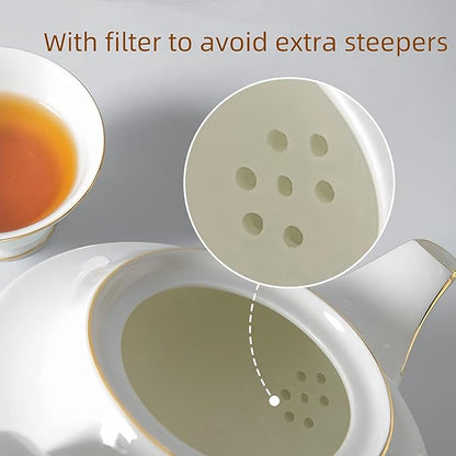GOMMO Fine Real Bone China Teapot 30oz for Elegant Life Ceramic Tea Kettle (White-Gold)