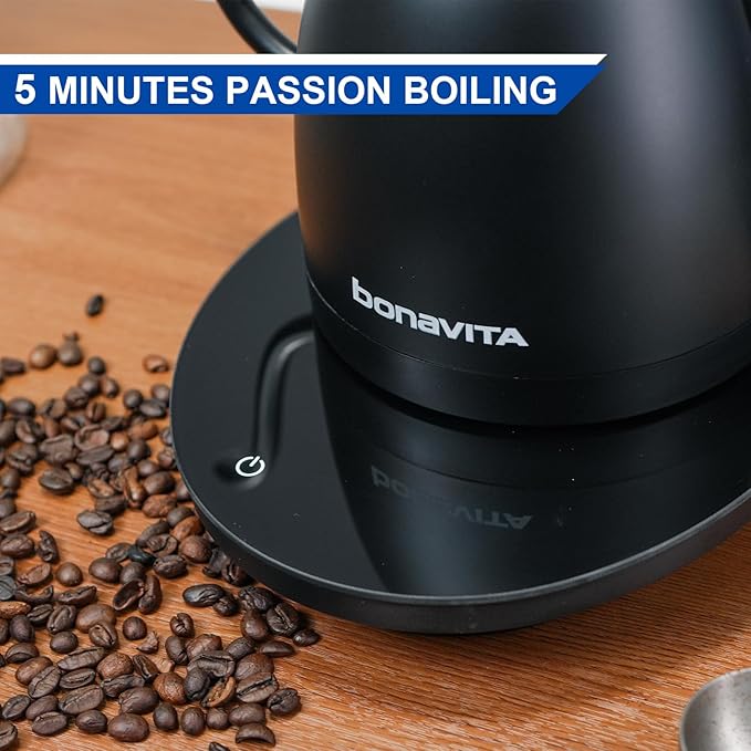 Bonavita Cosmopolitan 1.0L Gooseneck Electric Kettle, Stainless Steel Water Boiler for Coffee Brew and Tea Precise Pour Control, 6 Preset Temps, Glass Touch Panel, 1200W Fast Boil, Matte Black