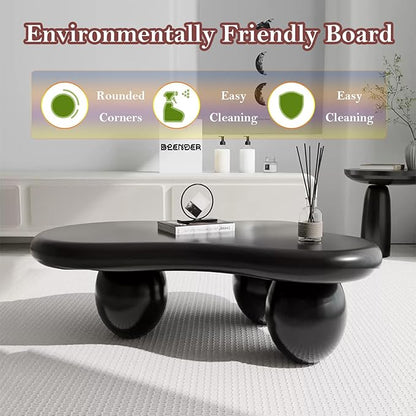 Asymmetric Black Coffee Table with 3 Stable Ellipsoid Leg, Modern Stylish Cloud Center Table - Cafe Books Laptop Snacks and Decor (D-47.24in)