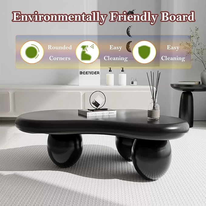 Asymmetric Black Coffee Table with 3 Stable Ellipsoid Leg, Modern Stylish Cloud Center Table - Cafe Books Laptop Snacks and Decor (D-39.37in)